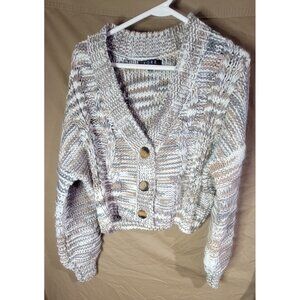 Fore Womens Juniors Large Chunky 3D Cable Knit Button Cardigan Sweater Cropped